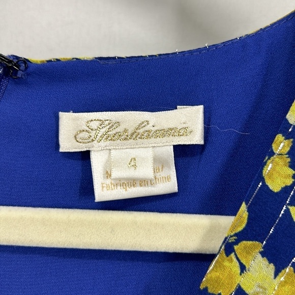 Shoshanna Blue Silk Yellow Floral Metallic Faux Wrap Ruffle Dress size 4 - Picture 5 of 9